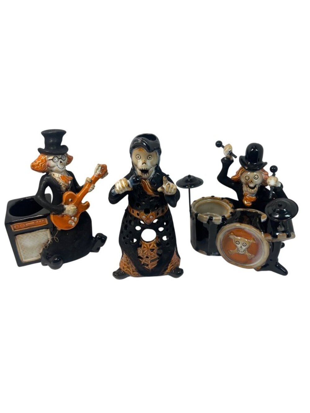 Halloween Skeleton Band Ceramic Candle Holder Set - Guitarist Drummer Singer - H